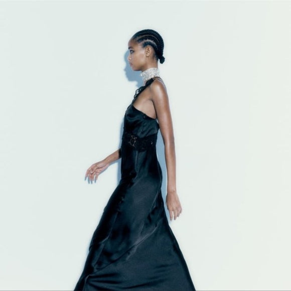 Zara Satin Effect Dress With Lace Black - Ref. 7521/218 L