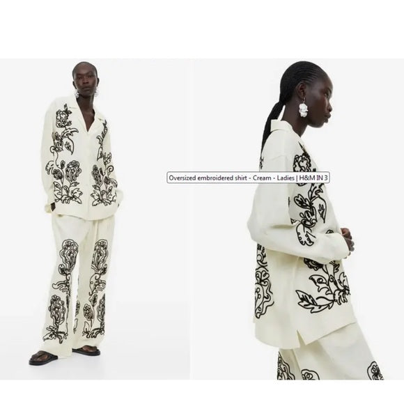H&M Embroidered Cream Black Oversized Shirt