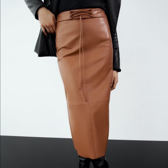 Zara Camel Brown Faux Leather Midi Skirt With Drawstring