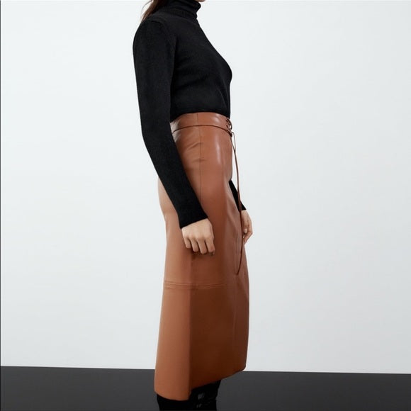 Zara Camel Brown Faux Leather Midi Skirt With Drawstring