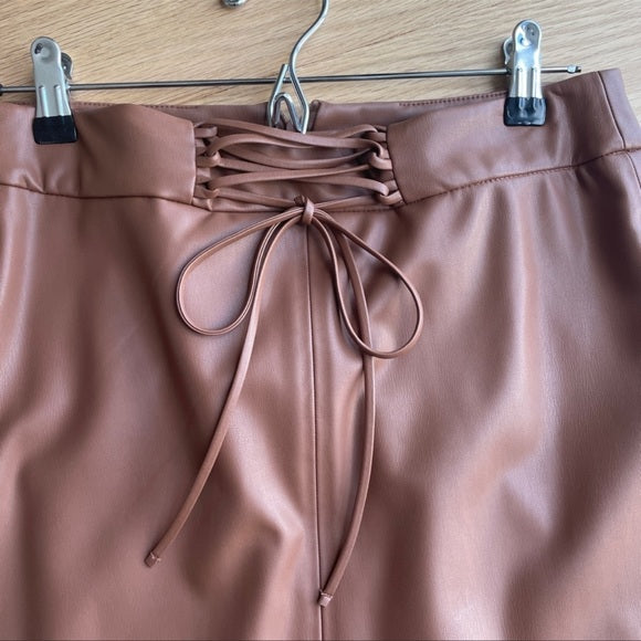 Zara Camel Brown Faux Leather Midi Skirt With Drawstring