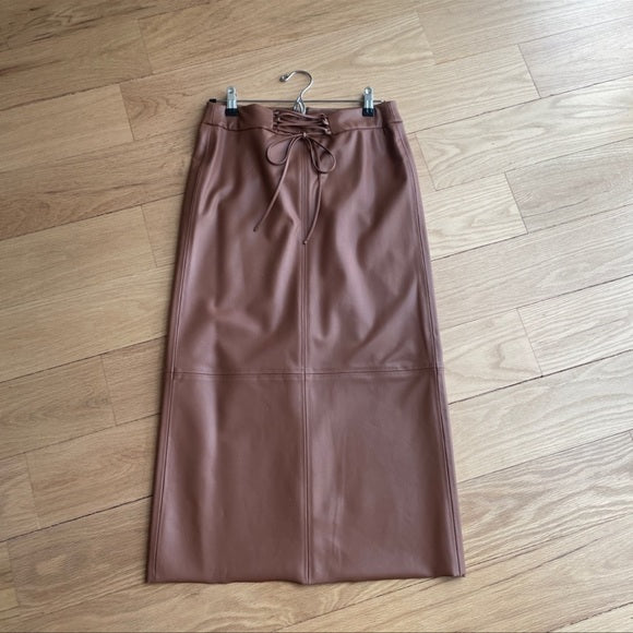 Zara Camel Brown Faux Leather Midi Skirt With Drawstring