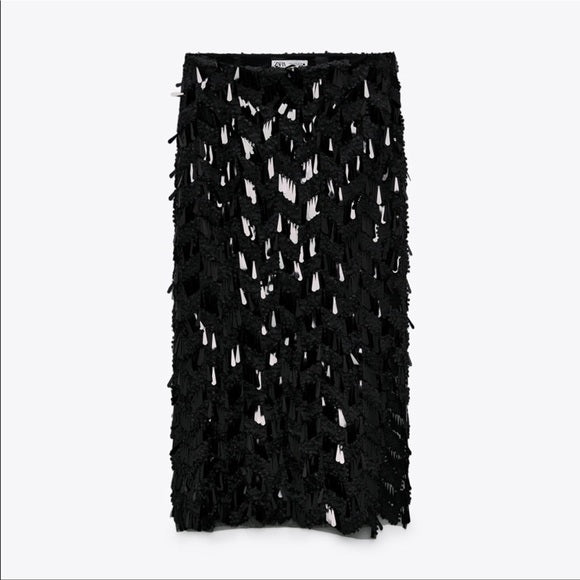 Zara Sequins Midi Skirt Black New