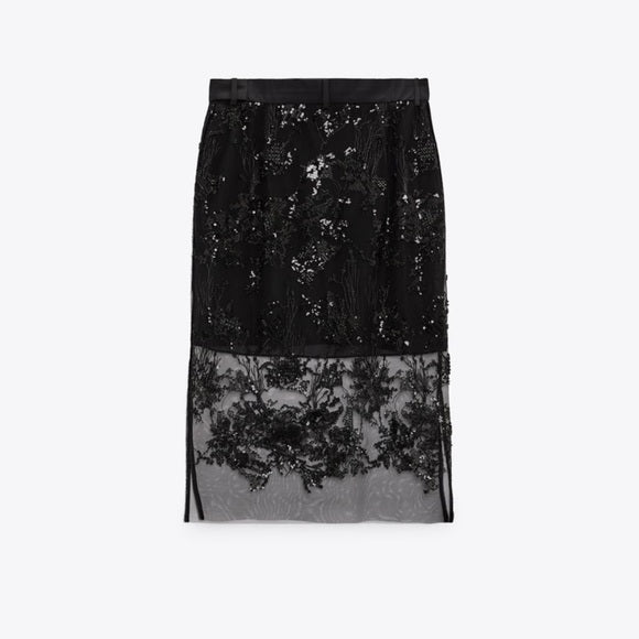 Zara Embroidered Tulle Midi Skirt