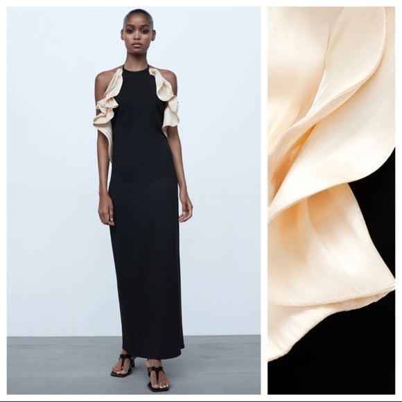 Zara Black Evening Maxi Ruffed Dress