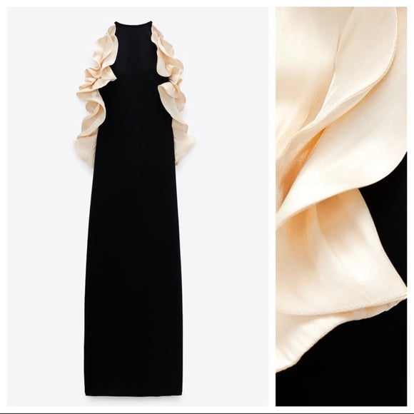 Zara Black Evening Maxi Ruffed Dress