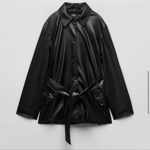 Zara Faux Leather Belted Overshirt