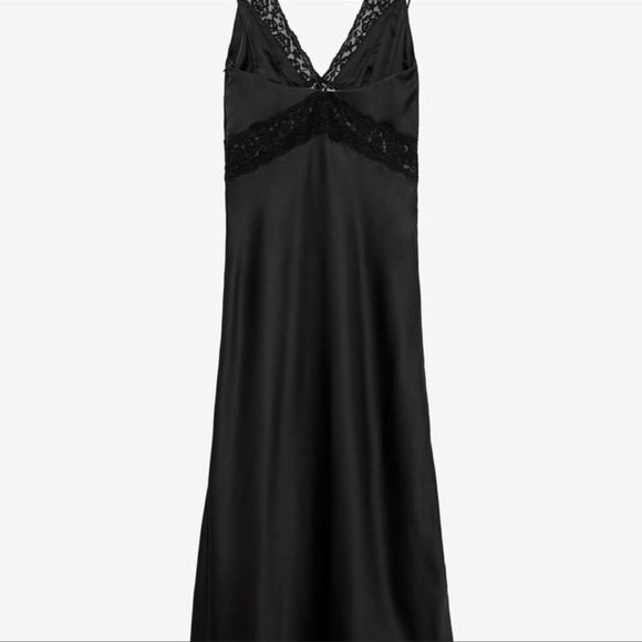 Zara Satin Effect Dress With Lace  Black - Ref. 7521/218 L