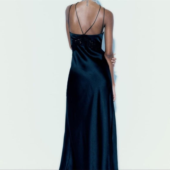 Zara Satin Effect Dress With Lace  Black - Ref. 7521/218 L