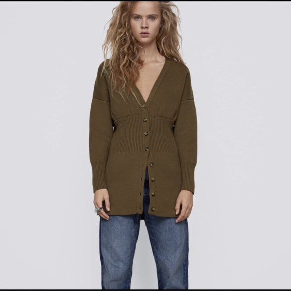 Zara Dark Khaki Ribbed Cardigan