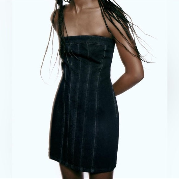 Zara Trf Denim Corset Dress Dark Indigo