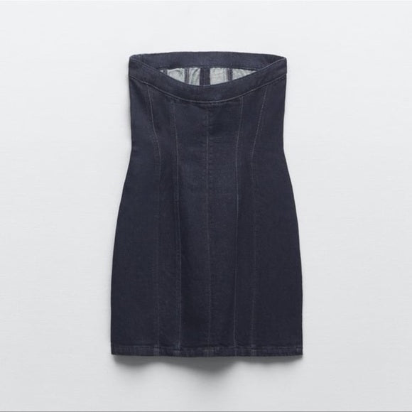 Zara Trf Denim Corset Dress Dark Indigo