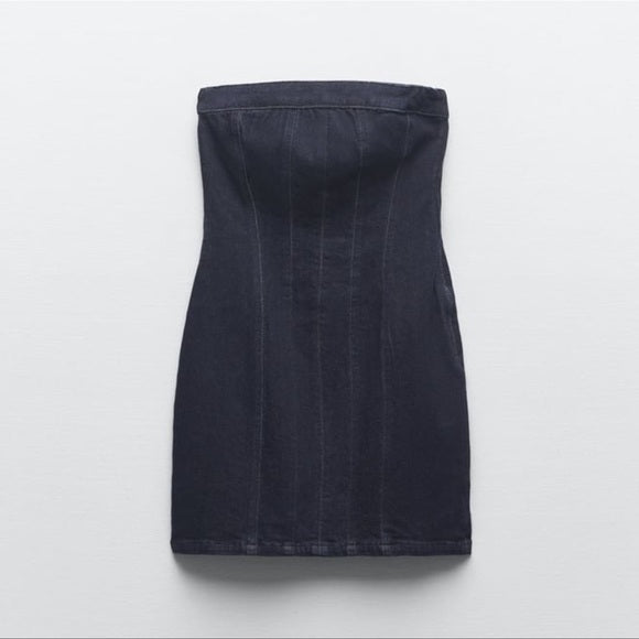 Zara Trf Denim Corset Dress Dark Indigo