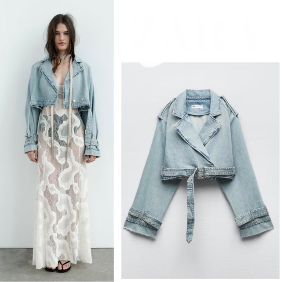 Zara Trf Crop Denim Trench Coat