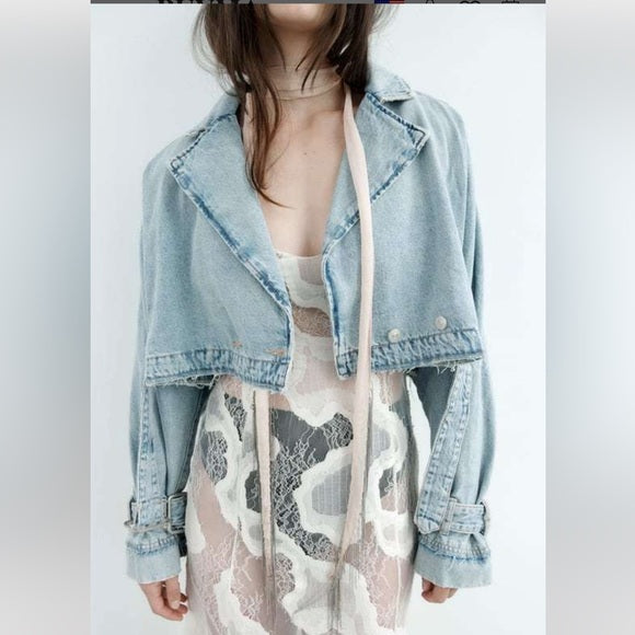 Zara Trf Crop Denim Trench Coat