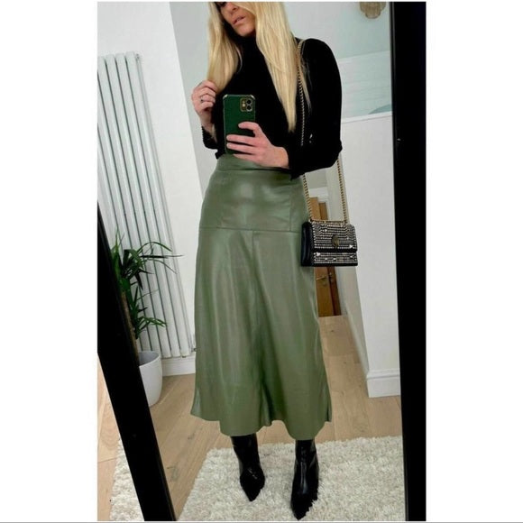 Zara Blogger Favorite Faux Leather Midi Skirt Green