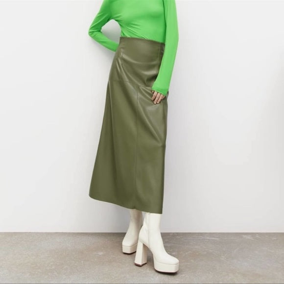 Zara Blogger Favorite Faux Leather Midi Skirt Green