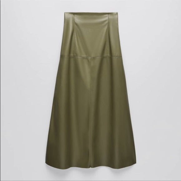 Zara Blogger Favorite Faux Leather Midi Skirt Green