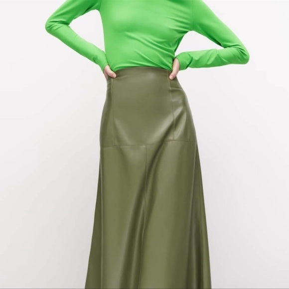 Zara Blogger Favorite Faux Leather Midi Skirt Green