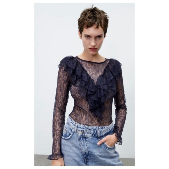 Zara Navy Ruffled Lace Top