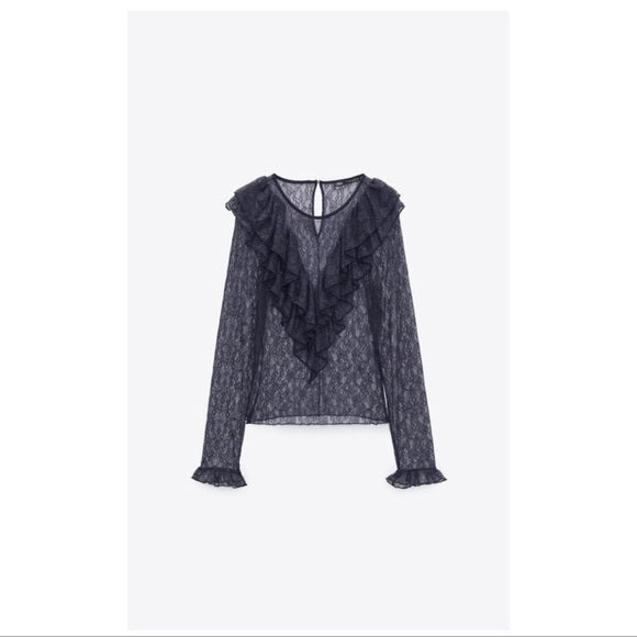 Zara Navy Ruffled Lace Top