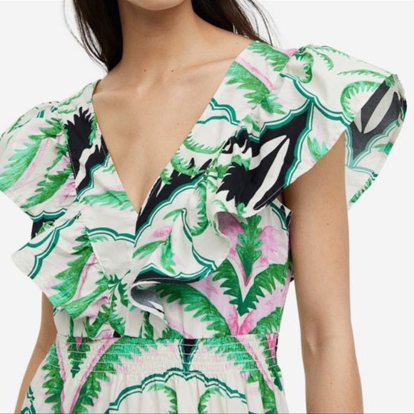 H&M Flounce-Trimmed Dress Floral Print