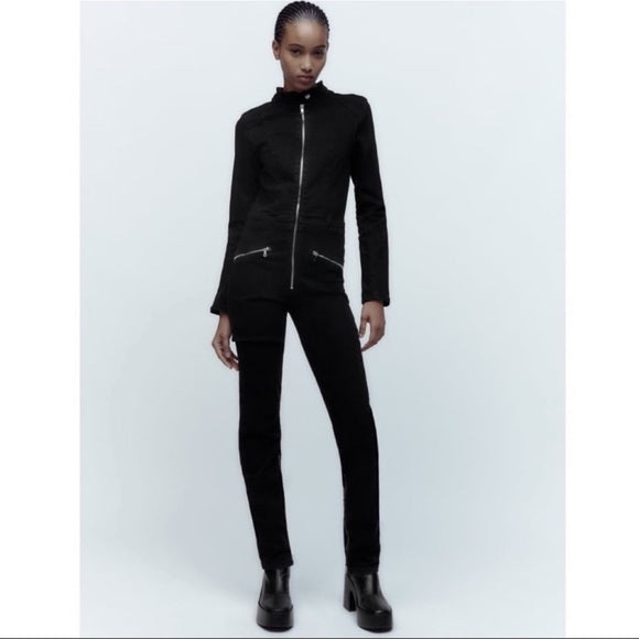 Zara Long Sleeve Black Zip Up Denim Jumpsuit