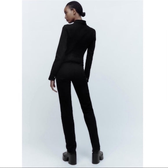 Zara Long Sleeve Black Zip Up Denim Jumpsuit