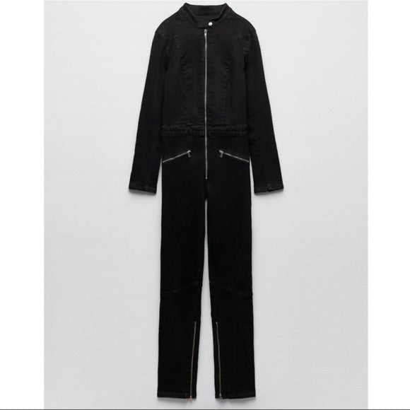 Zara Long Sleeve Black Zip Up Denim Jumpsuit