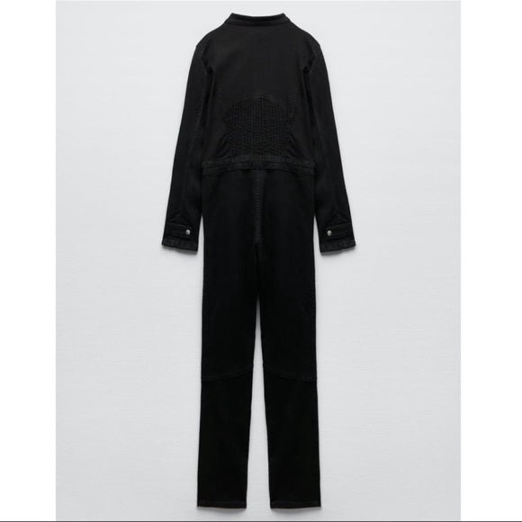 Zara Long Sleeve Black Zip Up Denim Jumpsuit