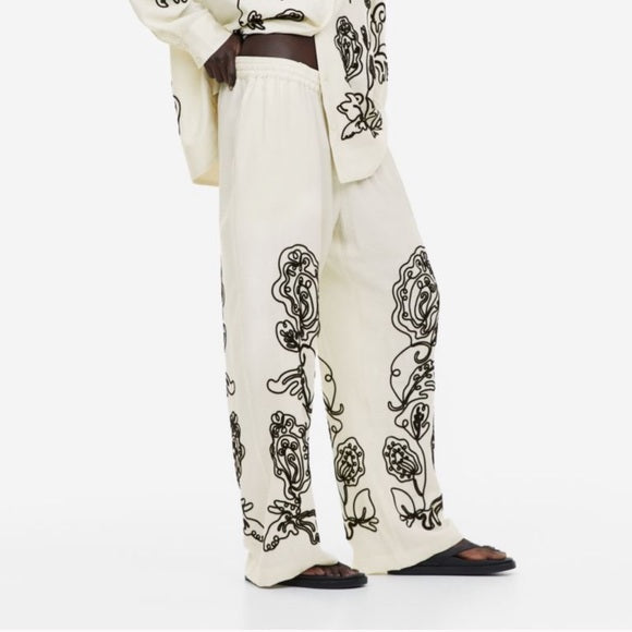 H&M Embroidered Cream Black Pull On Trousers