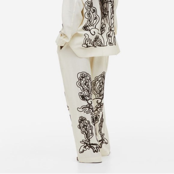 H&M Embroidered Cream Black Pull On Trousers