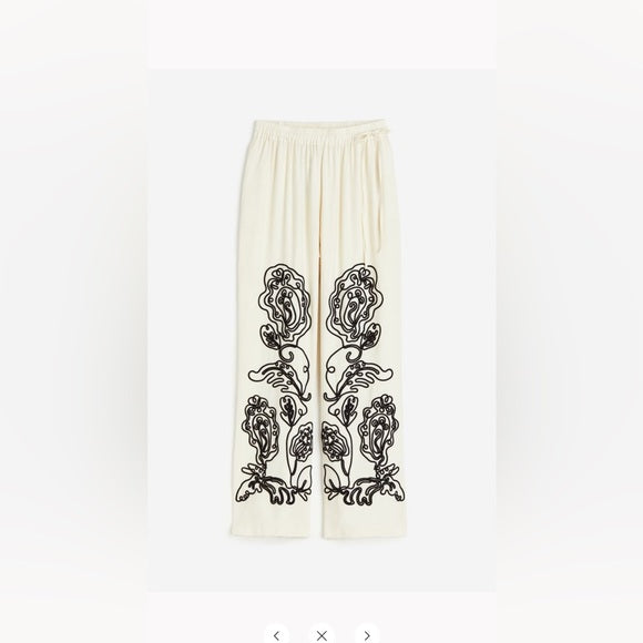 H&M Embroidered Cream Black Pull On Trousers