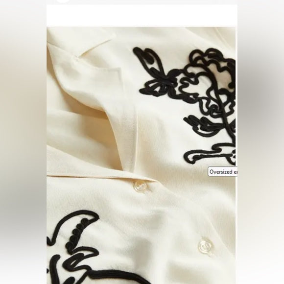 H&M Embroidered Cream Black Oversized Shirt