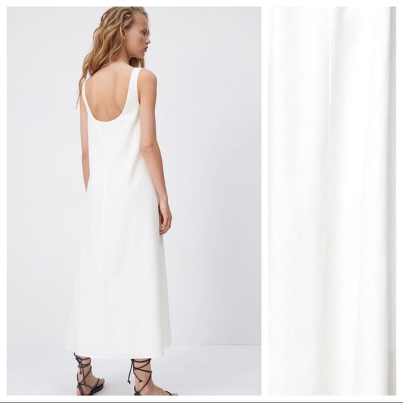 Zara White Linen Blend Midi Dress With A-Silhouette